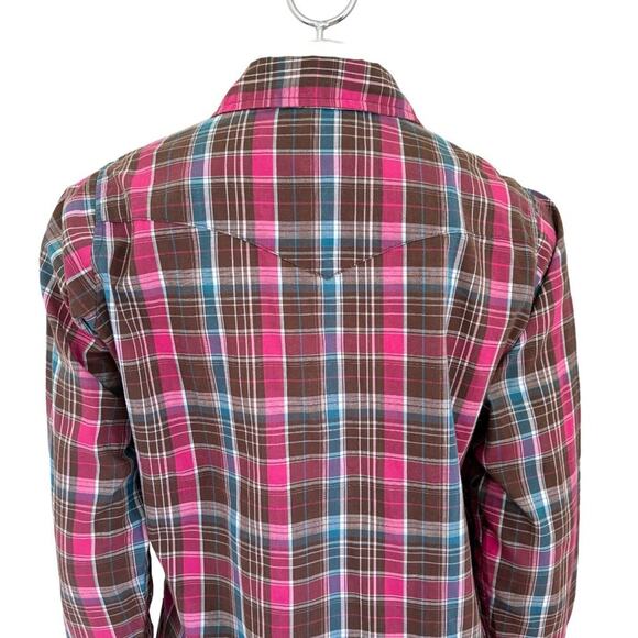 WRANGLER Long Sleeve Plaid Pearl Snap Western Shirt  Brown Pink Blue  SZ L - Picture 5 of 9